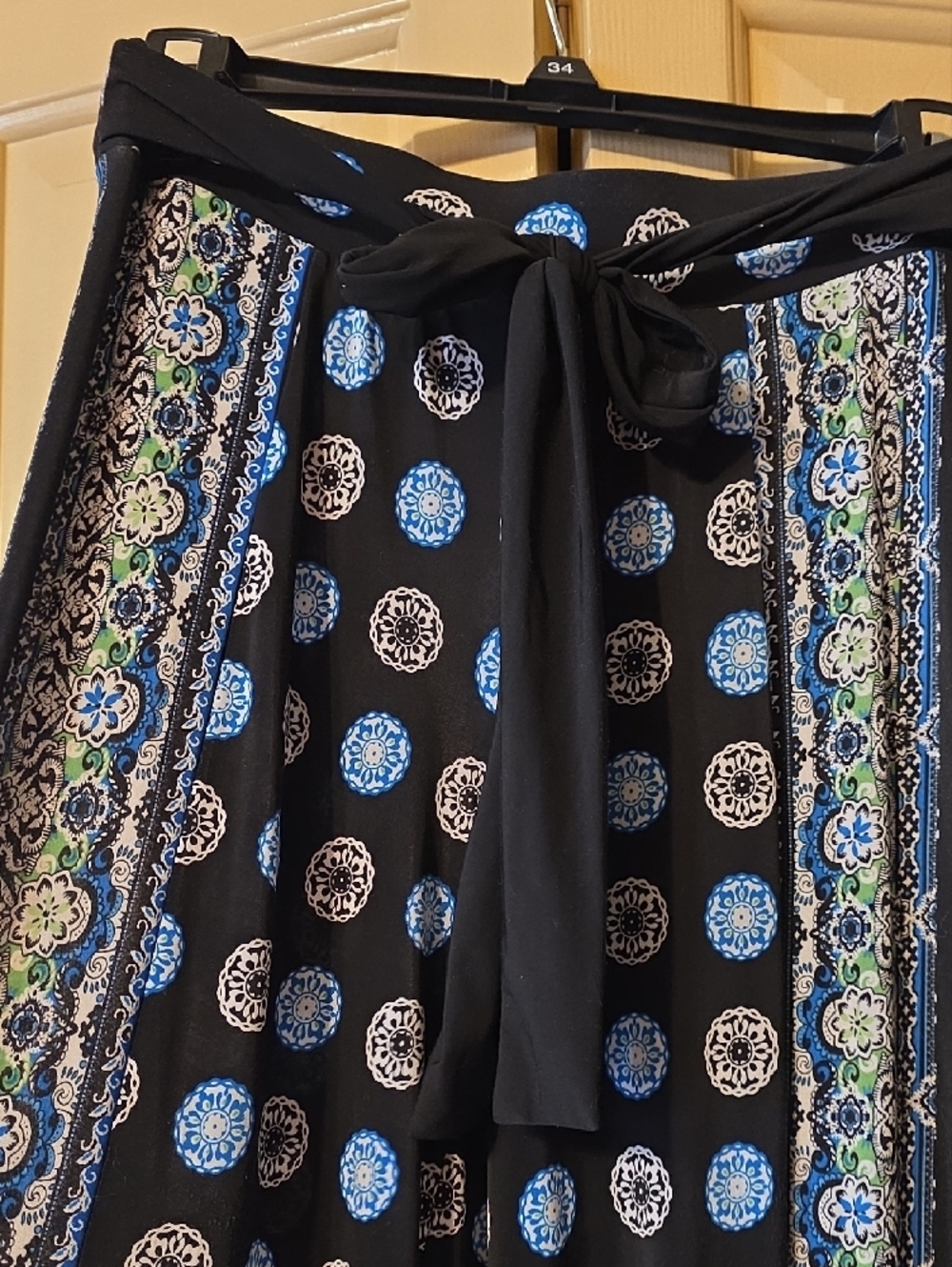 Black & Blue Patterned Wide-Leg Pants with Tie Waist